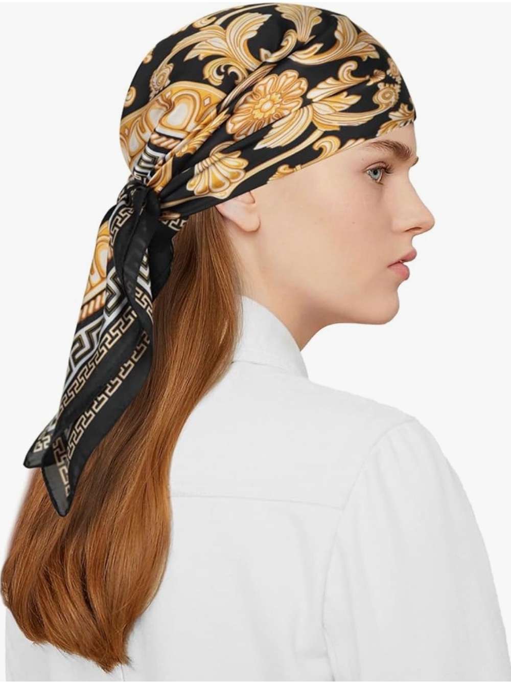 Silk Baroque Print Headscarf in Black & Gold